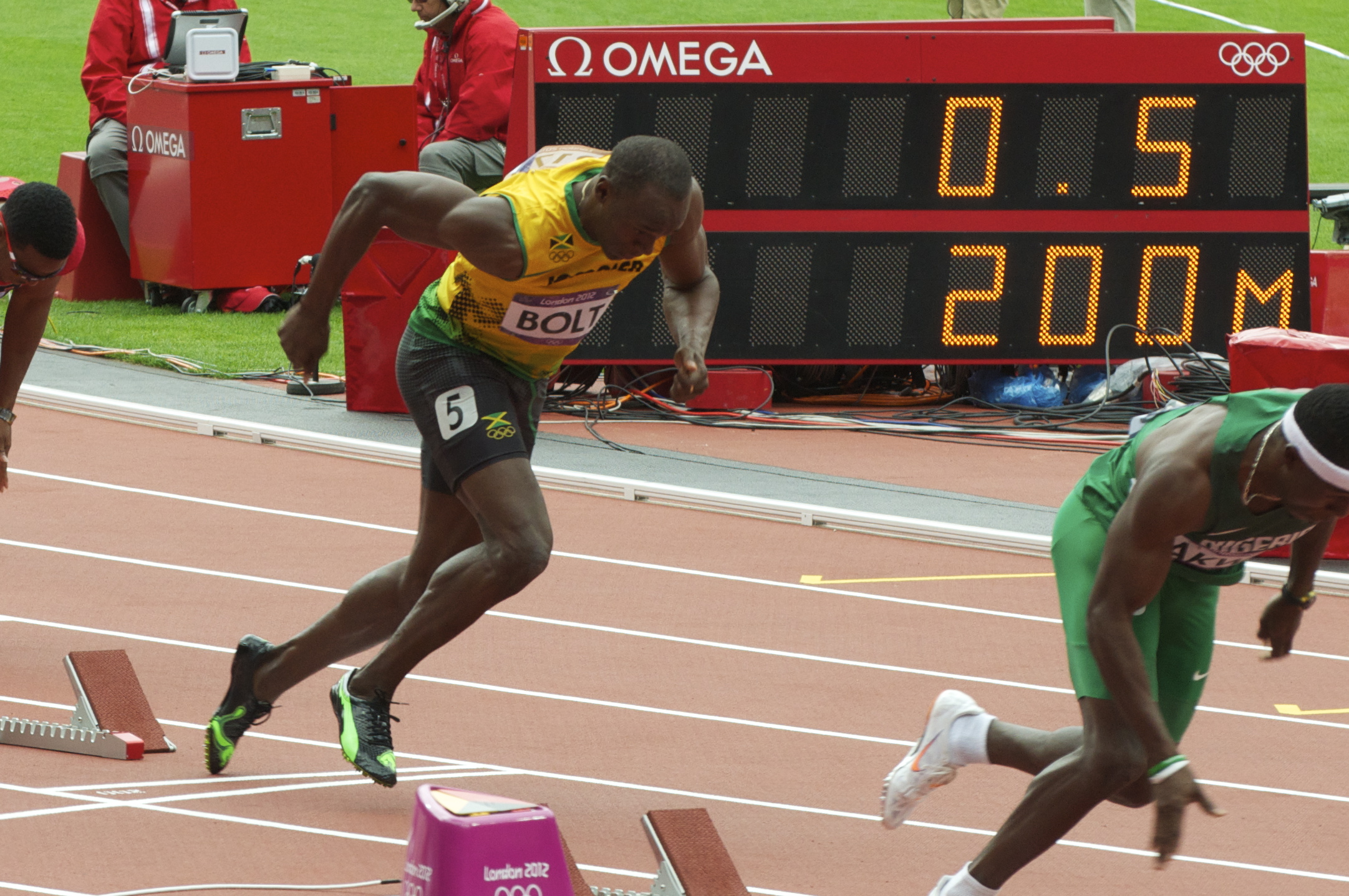 Usain Bolt lige efter starten under OL i 2012